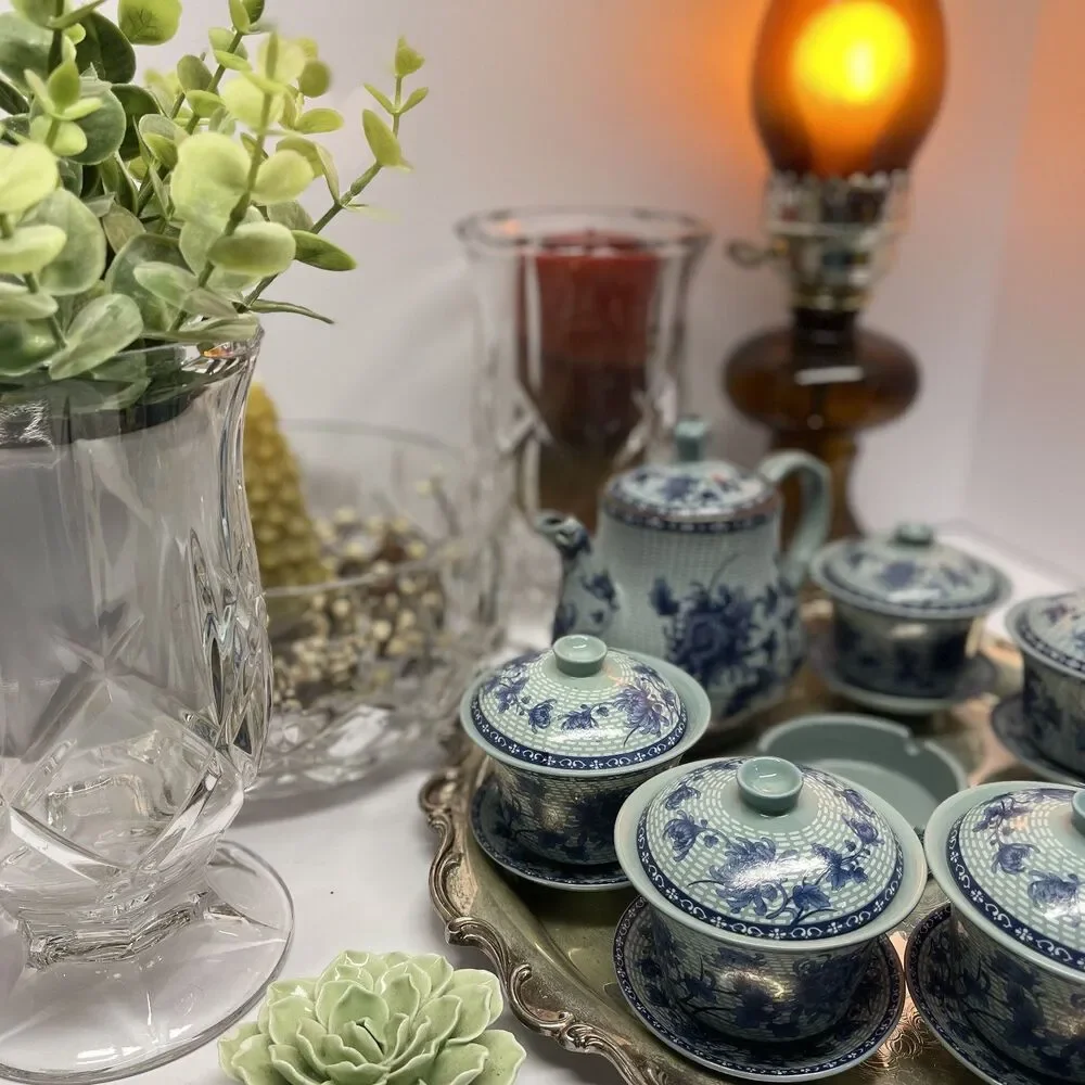 Vintage Bairuxue Art Ceramics Chinese Tea Set Blue Floral on Grey/Green-BOXED